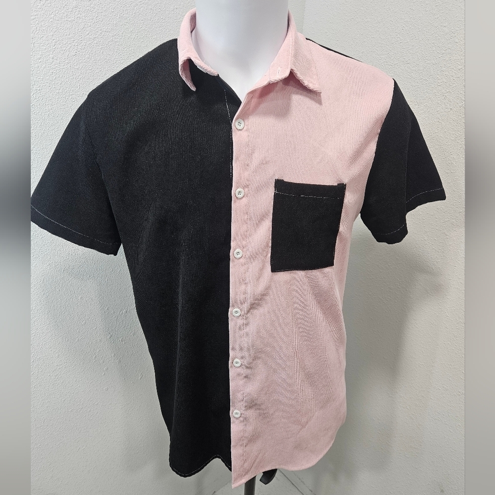 Romwe 2 tone velvet men's button short-sleeve medium - Picture 1 of 6